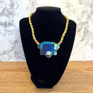 Suzanne Bellows Art to Wear Artisan Handmade Necklace Blue Gold Tone
